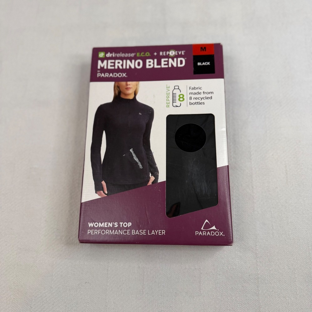 Paradox Womens Merino Blend Quarter Zip Base Layer Top Black Medium NIB